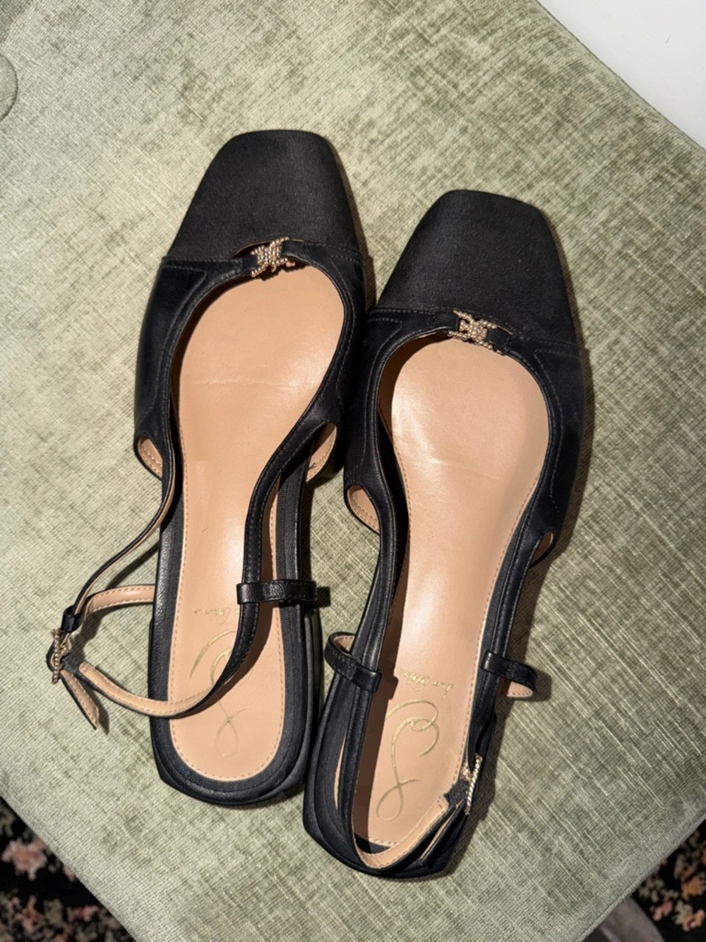 Sam Edelman Black Square-Toe Slingback Flats with Gold Logo